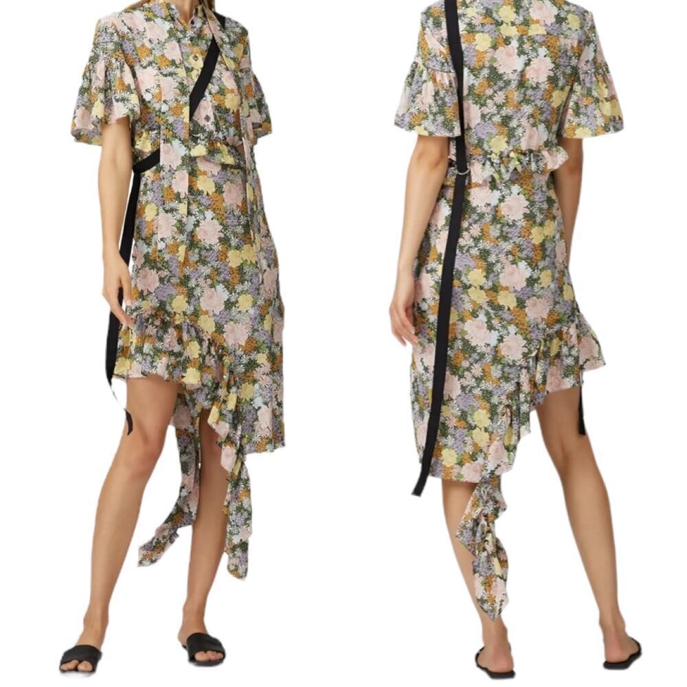 Rokh Womens Slit Frill Dress Multicolor Floral Short Sleeve Asymmetric S…